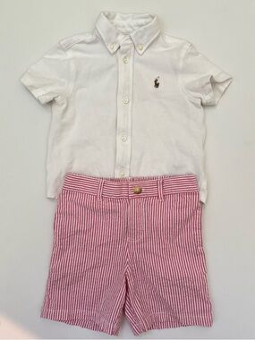 Ralph Lauren Knit Oxford Shirt & Seersucker Short Set Pink & White 24M